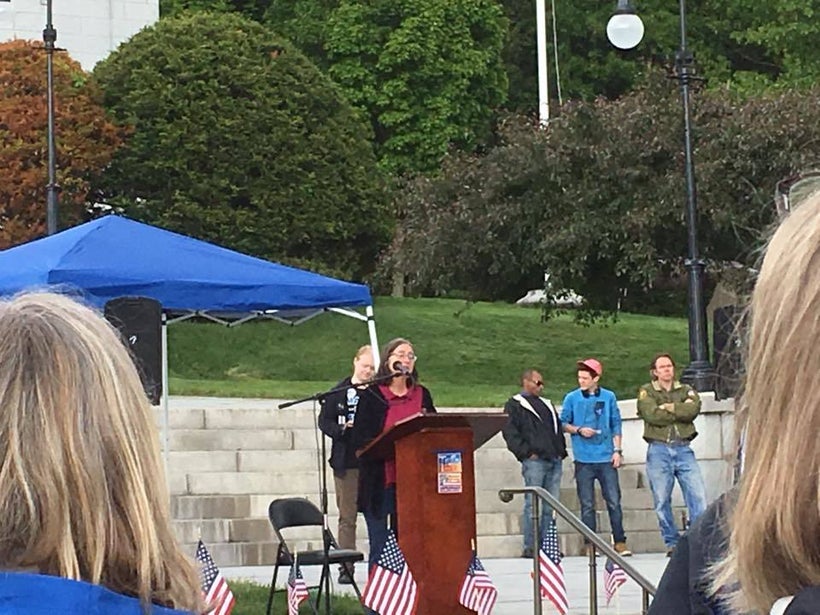 GNHUSA President Ginny Sassaman speaks to the happiness factor of trust in governance at the March for Truth Rally in Montpel