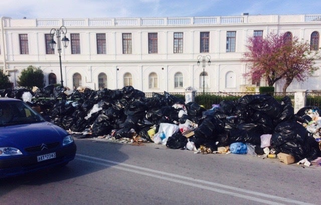 Garbage piling up in the town of Zakynthos, on Zakynthos Island
