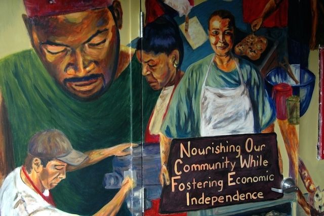 A mural outside Roxbury’s Haley House Bakery Cafe, whose mission is to “help those made vulnerable by the harshest effects of inequality move toward wholeness and economic independence.”