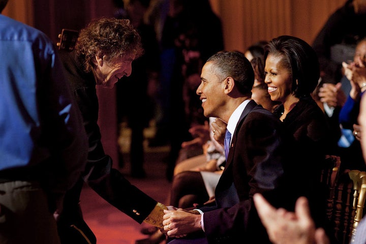 Genuine and mutual admiration: Bob Dylan shakes President Barack Obama’s hand following his performance at the "In Performanc