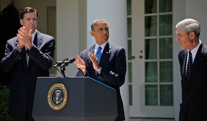 Check out the players! Former Deputy Attorney General James Comey (left), alongside President Barack Obama (center) and outgoing FBI Director Robert Mueller (right) at Comey's nomination to become the Seventh Director of the FBI, 26 September 2013