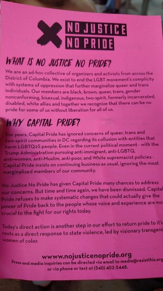 A flyer from No Justice No Pride handed out at the Capital Pride Parade.