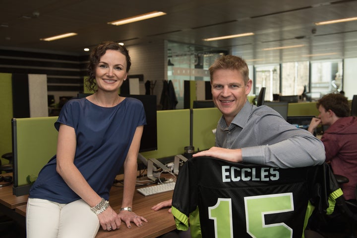 <p>Co-founders Lesley Eccles and her husband, Nigel, at FanDuel HQ</p>