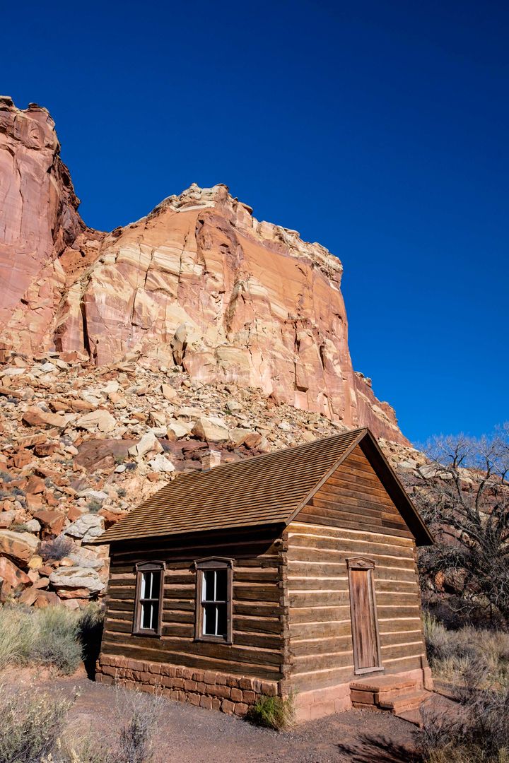 The historic Torrey Log School & Church in the Fruita district of Capitol Reef.