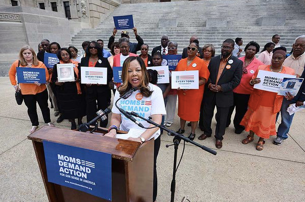 Ms. McBath speaking in Mississippi with Moms Demand Action volunteers. 