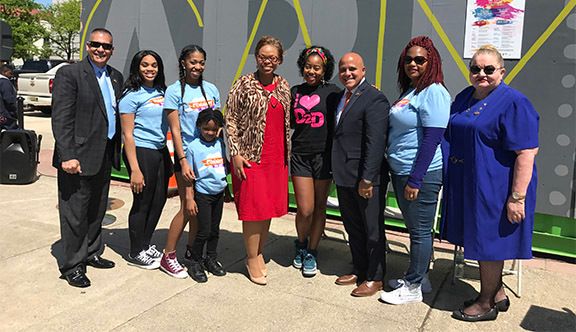 From left: Councilman Luis A. Lopez, representatives from Camden-based dance troupe, Dare 2 Dance; Mayor Dana L. Redd; Sharice Sloan El, instructor of the new 2017 Connect the Lots' House Party Fitness class; City Council President Frank Moran; Meishka L. Mitchell, Vice President of Neighborhood Initiatives at Cooper's Ferry Partnership; and Council Member At Large Marilyn Torres.