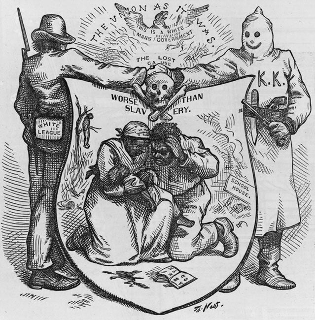 During Reconstruction cartoonist Thomas Nast denounced the White League and the Klan for creating conditions in the South he