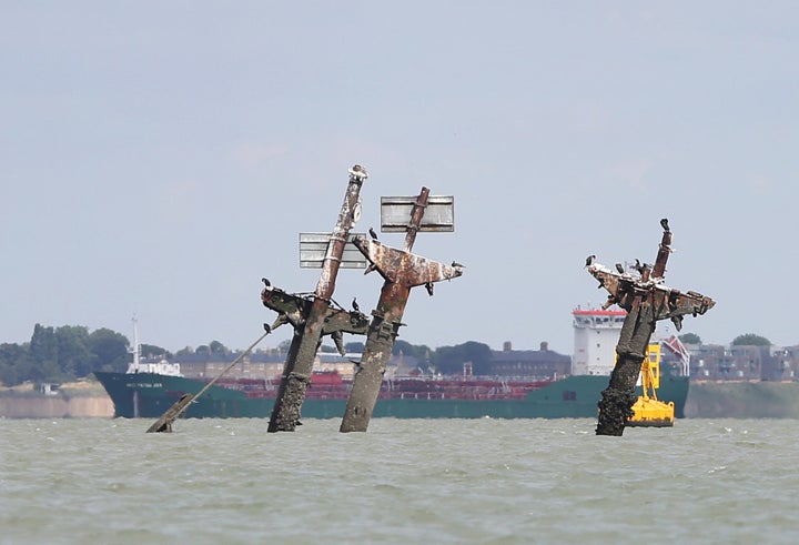 The masts of the SS Richard Montgomery, a cargo ship used during the World War II effort 