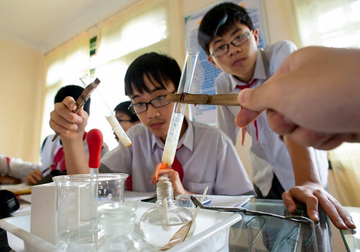 Chemistry class at the Dong Tien Secondary School, Thai Nguyen Province, Vietnam.