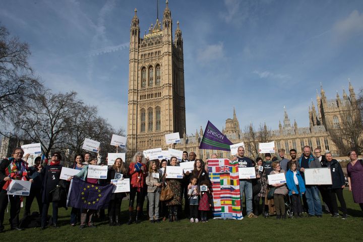 European workers including nurses, social workers and teaching assistants protest outside the Houses of Parliament in London before lobbying MPs over their right to remain in the UK.