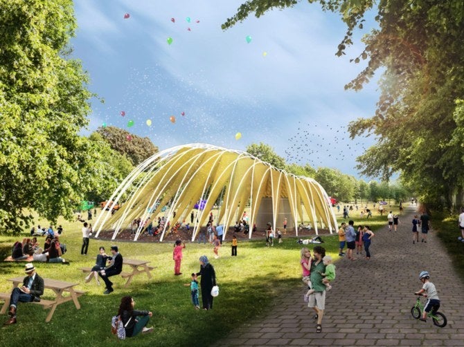 A rendering of the pop-up pavilion in Sweden, a place where refugees can receive training, connect with local nonprofits, and