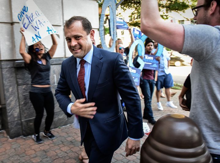 Tom Perriello greets supporters in Arlington, Virginia ahead of a candidate forum on May 2, 2017.