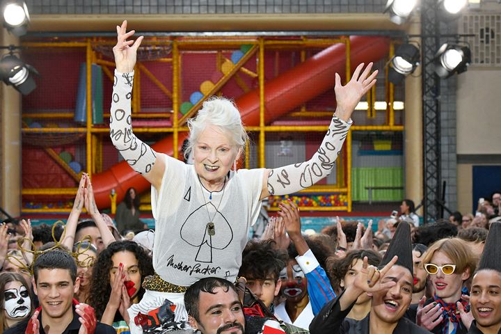 Vivienne Westwood walks the runway at the Vivienne Westwood fashion show during the London Fashion Week Men's Spring Summer 2018 collections on 12 June 2017 in London, England.
