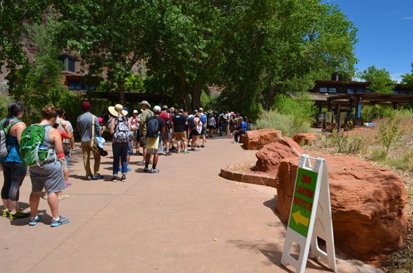 The line for the canyon shuttle had a 2-hour wait at Zion National Park on July 2, 2016