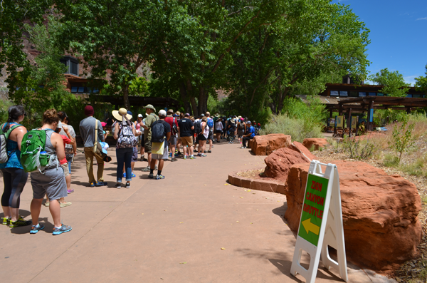 <p>The line for the canyon shuttle had a 2-hour wait at Zion National Park on July 2, 2016</p>