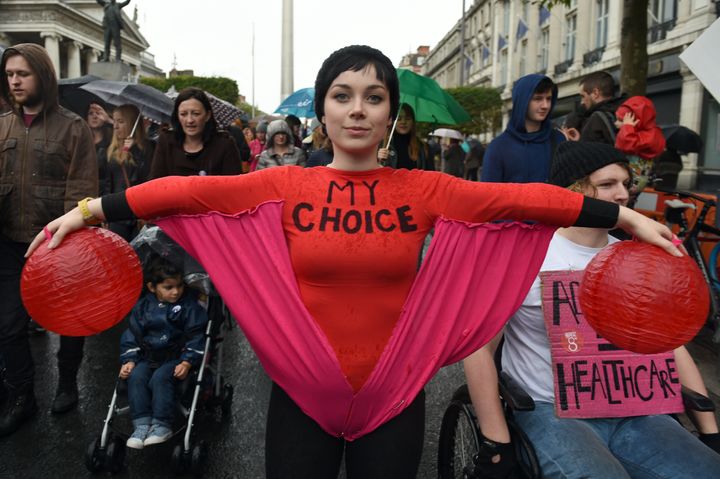 Demonstrators take part in a protest to urge the Irish Government to repeal the 8th amendment to the constitution in September 2016 