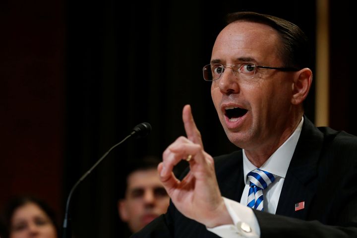 Deputy U.S. Attorney General Rod Rosenstein testifies about the Justice Department's budget before a subcommittee hearing of the Senate Appropriations Committee on Tuesday.