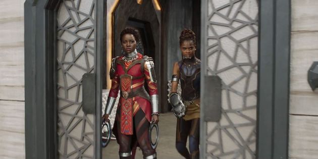 Lupita Nyong'o and Letitia Wright in traditional Wakandan garb. 