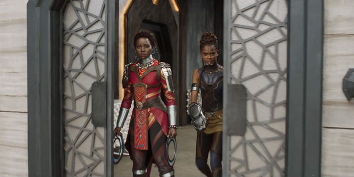 Lupita Nyong'o and Letitia Wright in traditional Wakandan garb. 