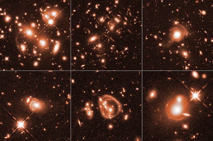 These six Hubble Space Telescope images reveal a jumble of misshapen-looking galaxies punctuated by exotic patterns, such as arcs, streaks and smeared rings. The images have been magnified by an effect called gravitational lensing. Some of these odd shapes may have been produced by spectacular collisions between faraway galaxies.