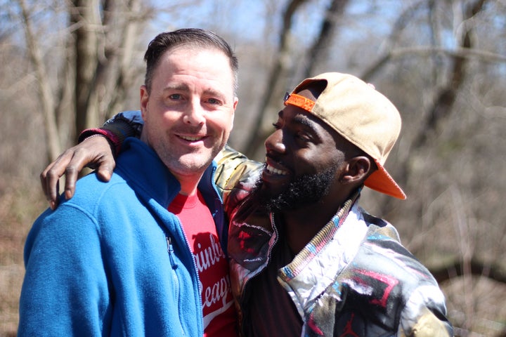 Eric and David stop during a walk in Prospect Park