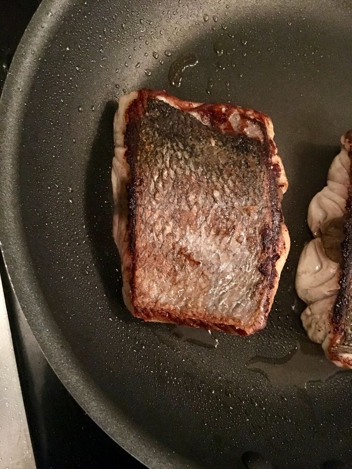 Bluefish, browned on the skin side