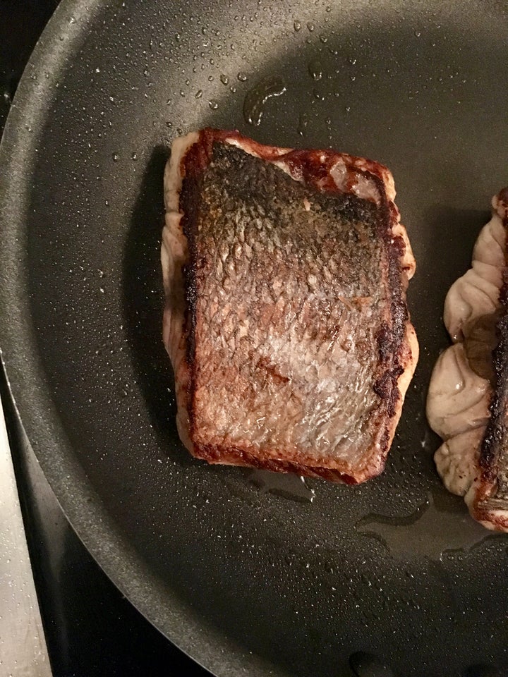 <p>Bluefish, browned on the skin side</p>