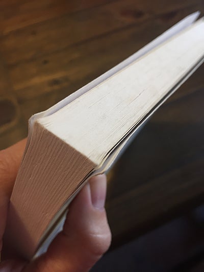 These worn corners and the book’s faded paper look worse than this in real life. 