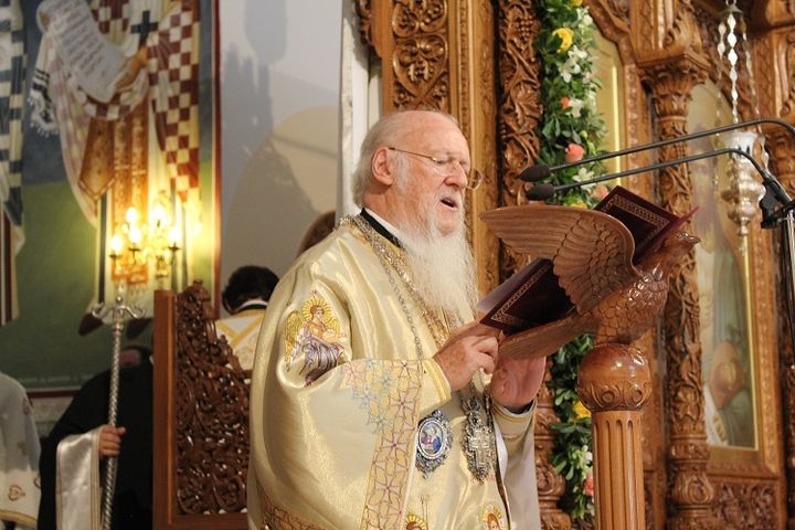His All-Holiness delivering the homily during the Synodal Divine Liturgy (Holy and Great Council) for the Sunday of All Saints 2016 at the Church of Sts. Peter and Paul in Chania, Crete.