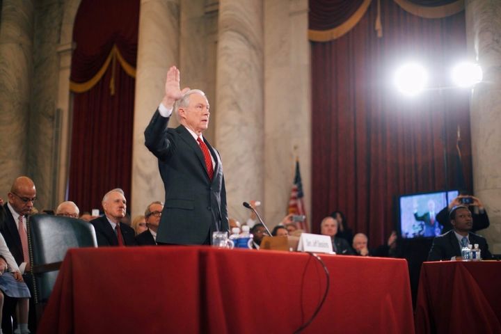 “Jeff Sessions, President-elect Donald Trump's choice for Attorney General, being sworn in at his confirmation hearing.”10 January 2017