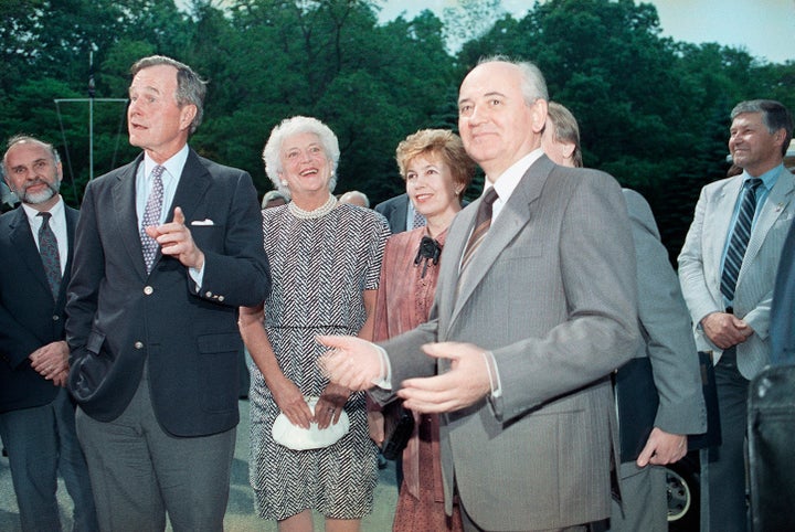 Bush with Soviet President Mikhail Gorbachev at Camp David on June 2, 1990.