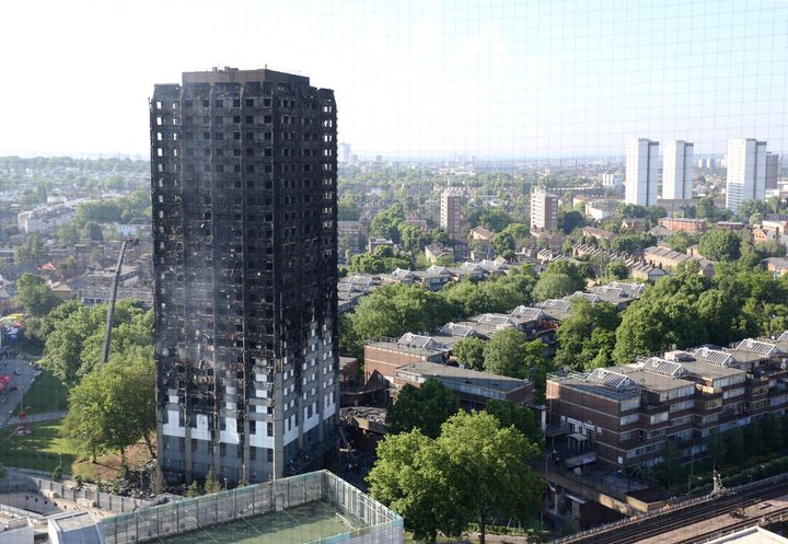 The scorched remains of Grenfell Tower on Thursday morning