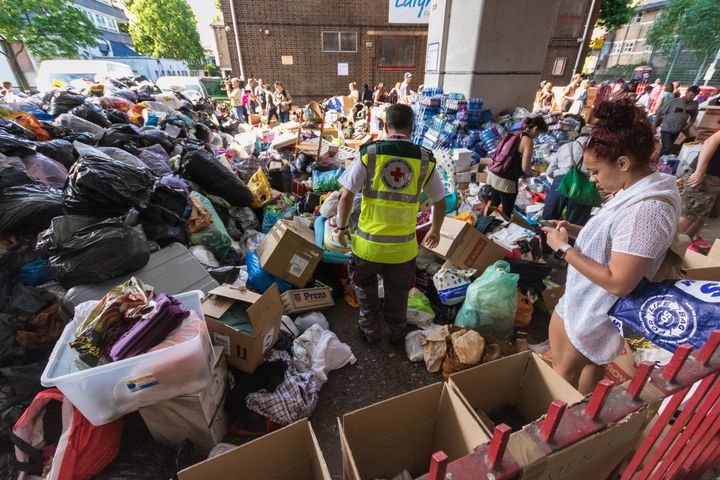 Mountains of food and clothing donated to the many people who have lost everything