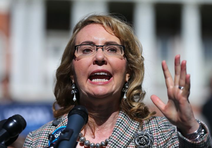 Gabrielle Giffords addresses a crowd during a rally for gun reform in Boston on Oct. 14, 2016.
