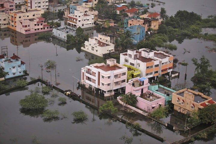 An aerial view shows a flooded residential colony in Chennai on December 6 2015.