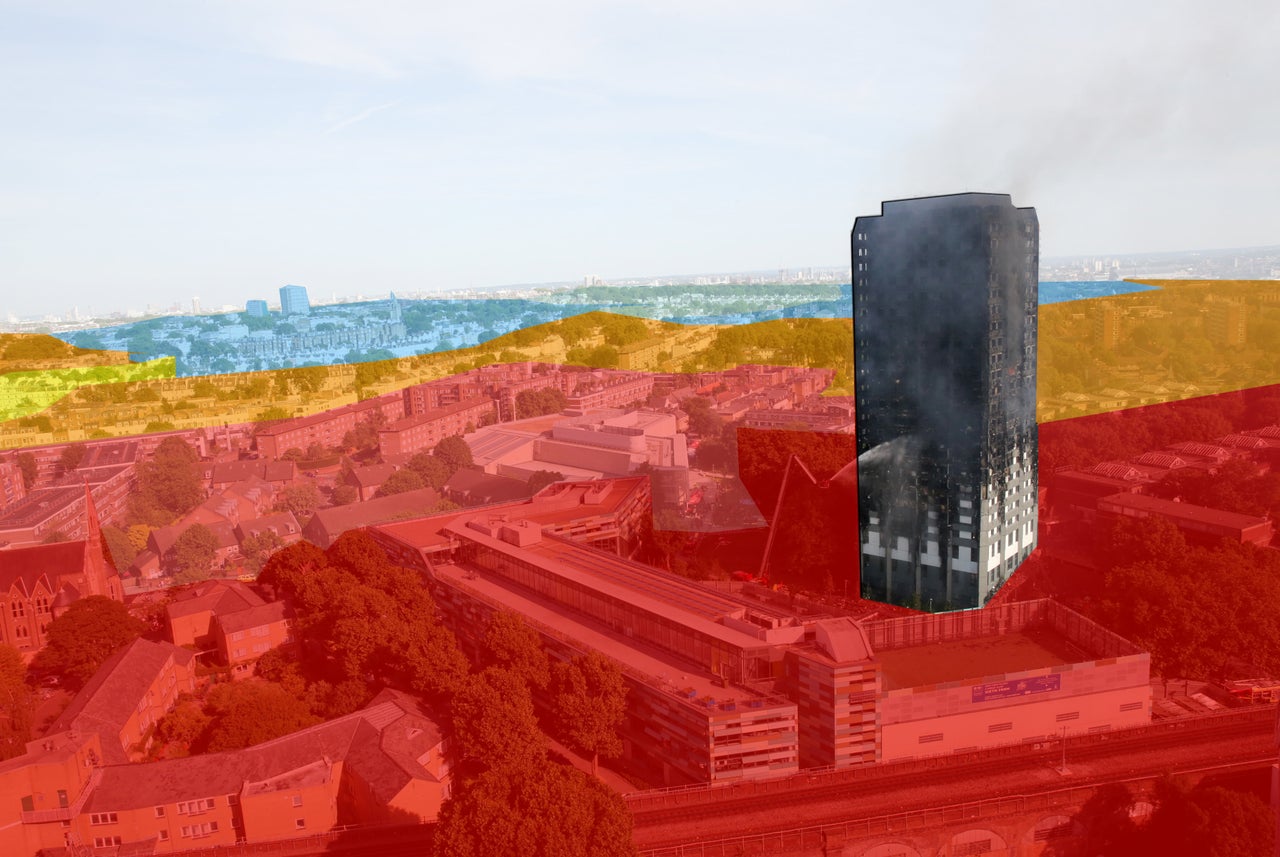 From dark red, most deprived, to light blue, least deprived, residents of Grenfell Tower was surrounded by inequality Click here for a zoomable version