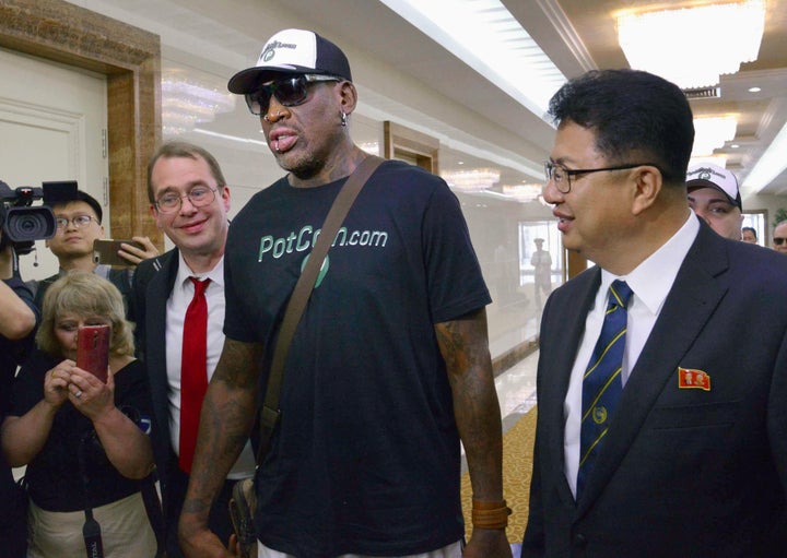 Dennis Rodman arrives at Pyongyang's international airport.