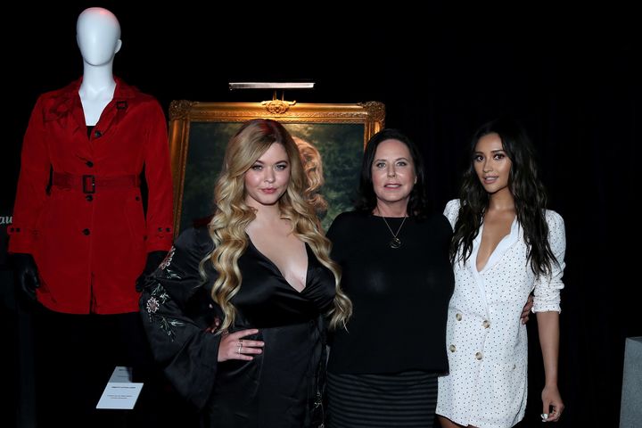 Sasha Pieterse, I. Marlene King and Shay Mitchell attend the launch of "Pretty Little Liars: Made Here."