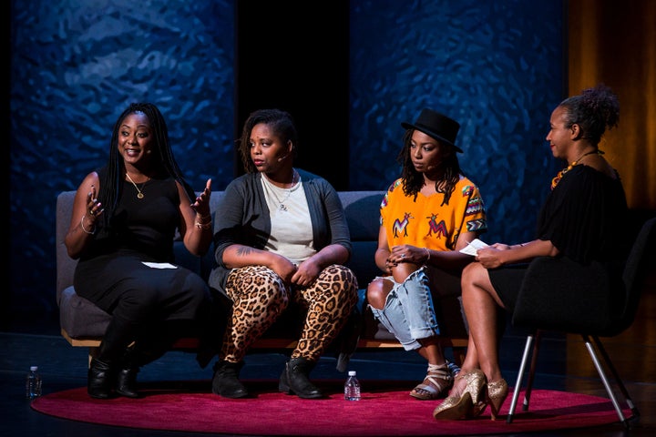 <p>(L-R) Alicia Garza, Patrisse Cullors, and Opal Tometi, founders of the Black Lives Matter movement, are interviewed by Mia Birdsong at TEDWomen 2016 - It's About Time, October 26-28, 2016, Yerba Buena Centre for the Arts, San Francisco, California. </p>