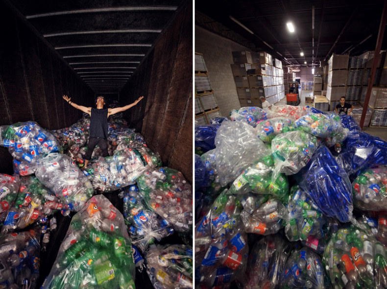 Close-up of fantasy mermaid in deep ocean sad because water pollution.  Plastic trash and bottles pollution in ocean. Ecocatastrophe, garbage and  plastic recycling concept., Stock image