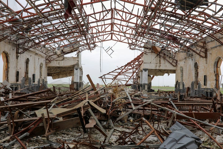 The remains of destroyed church are seen in the town of Qaraqosh, south of Mosul, Iraq, on April 13, 2017.