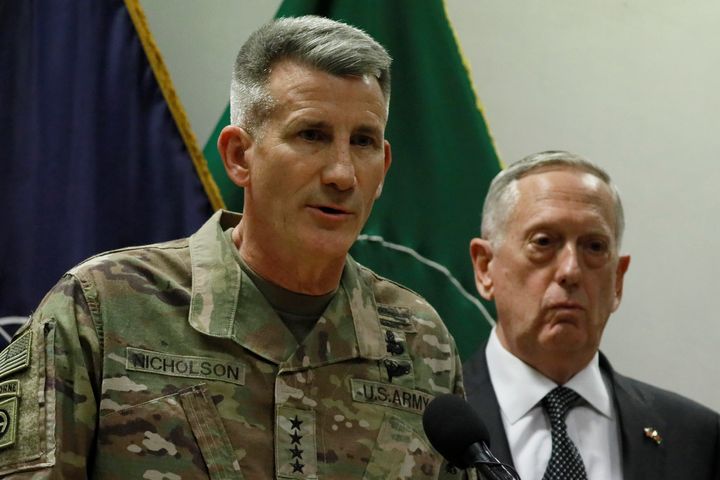 Army Gen. John Nicholson, left, and Defense Secretary Jim Mattis in Kabul, Afghanistan, in April. Trump had just given Mattis authority to set troop levels.