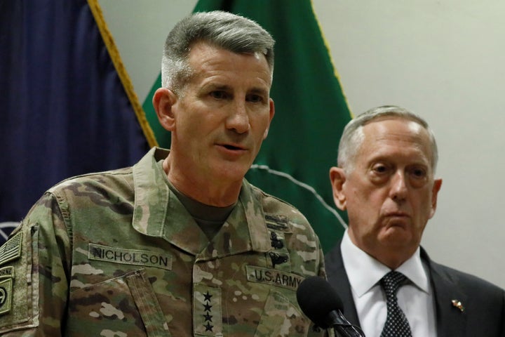 Army Gen. John Nicholson, left, and Defense Secretary Jim Mattis in Kabul, Afghanistan, in April. Trump had just given Mattis authority to set troop levels.