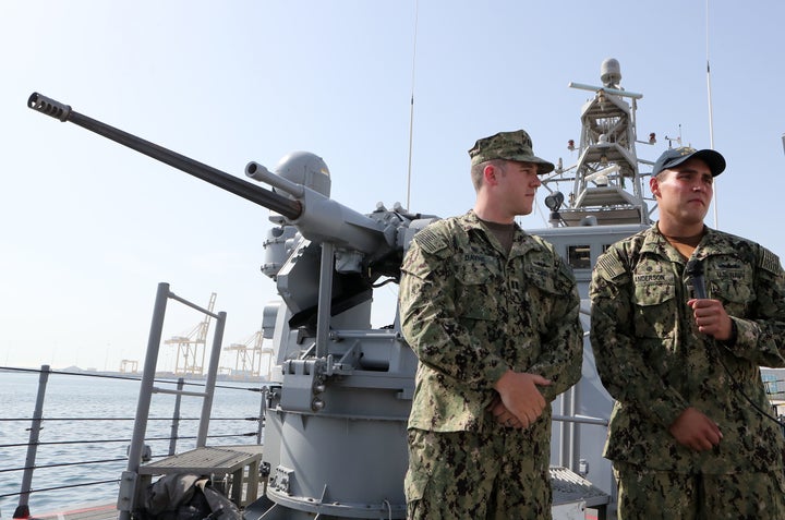 Members of the US navy are seen during a joint military exercise between Qatar and the US navy, in Doha, on June 16, 2017.