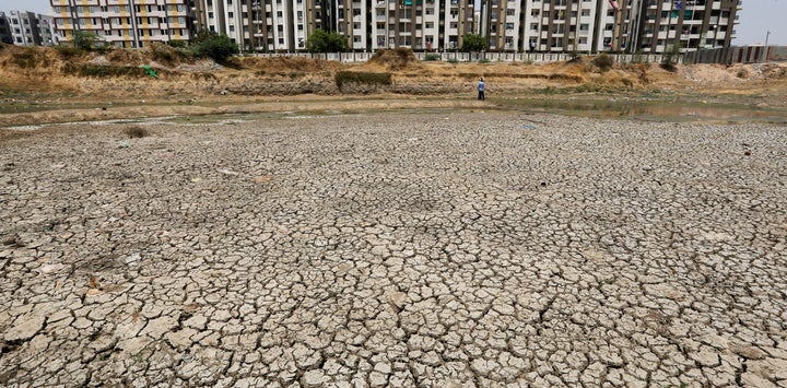 Ratanpura Lake, on the outskirts of Ahmedabad, Gujarat, has almost completely dried up. 