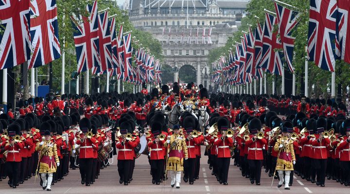 Troops march down the Mall during the Trooping the Colour ceremony