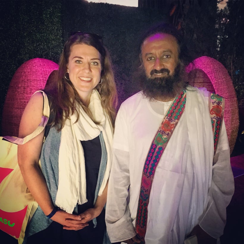 Myself pictured with my yoga teacher Sri Sri Ravi Shankar after his opening talk on Happiness to kick off WOHASU.