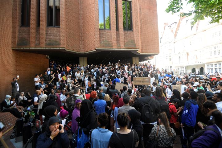The crowd outside the town hall