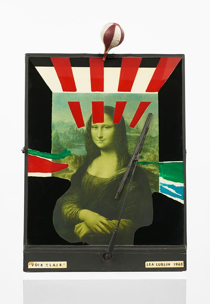 Lea Lublin, Voir clair: La Gioconda aux essuie-glaces (To See Clearly: The Mona Lisa with Windshield Wipers), 1965, Acrylic, glass, tape and paper on canvas and pressboard, wood, rubber bulb, wiper, motor, 67 x 49 x 12 cm. Courtesy Deborah Schamoni. At Art Basel Feature.