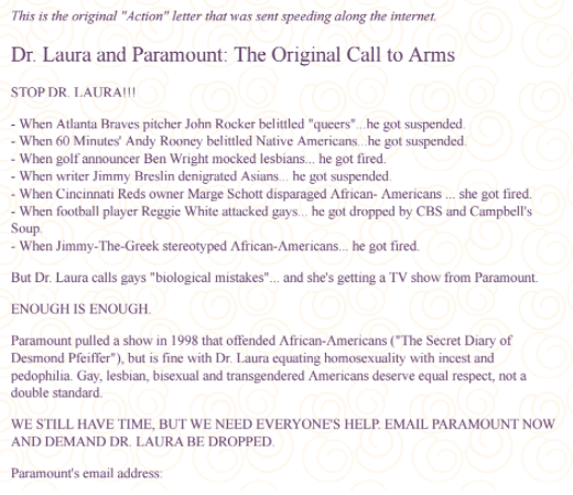 The email that went viral and helped take down conservative talk-show host Dr. Laura in 2000.